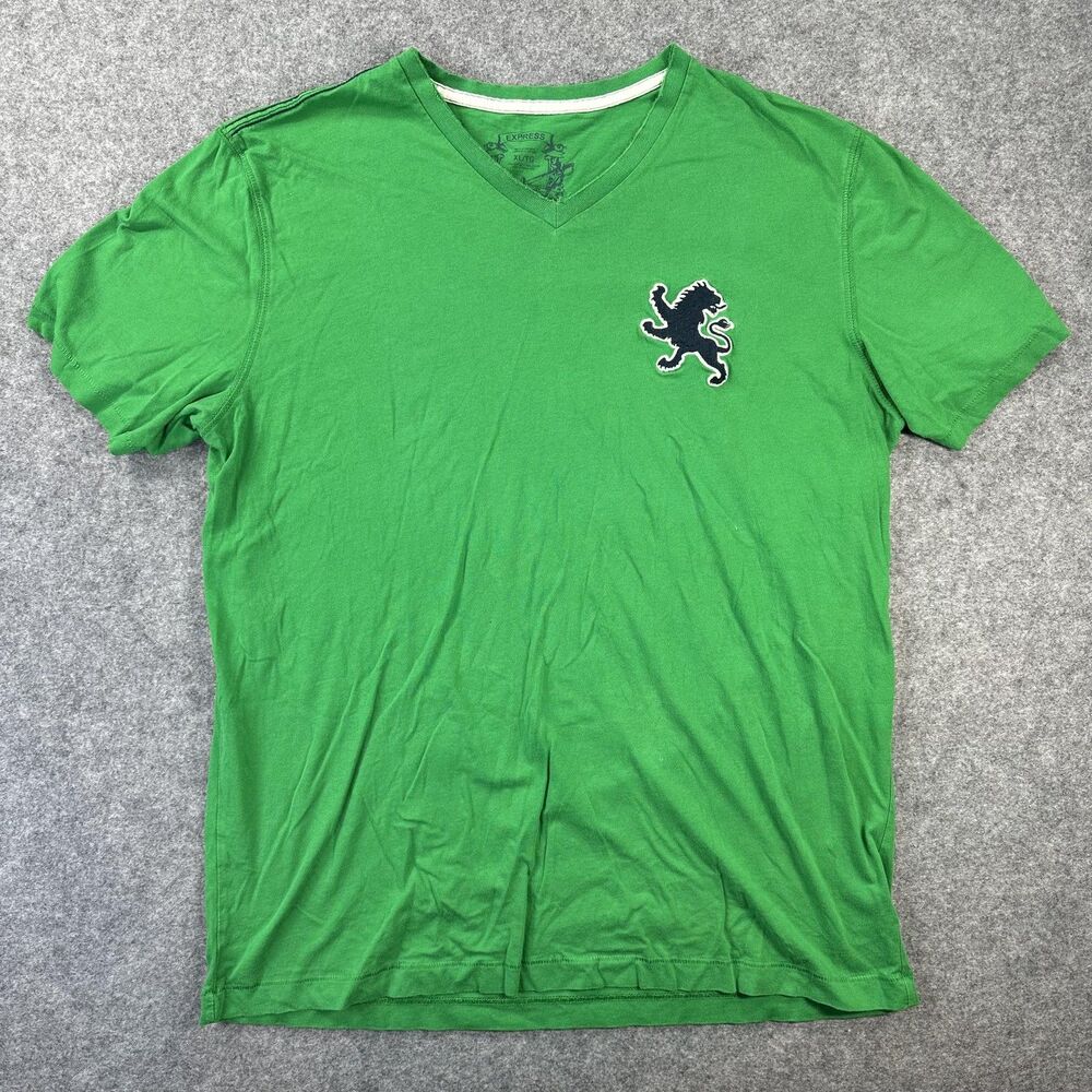 Express Shirt Mens XL Green V-Neck Lion Logo Graphic Tee Tagless Cotton Casual